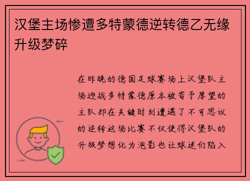 汉堡主场惨遭多特蒙德逆转德乙无缘升级梦碎