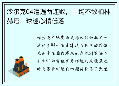 沙尔克04遭遇两连败，主场不敌柏林赫塔，球迷心情低落