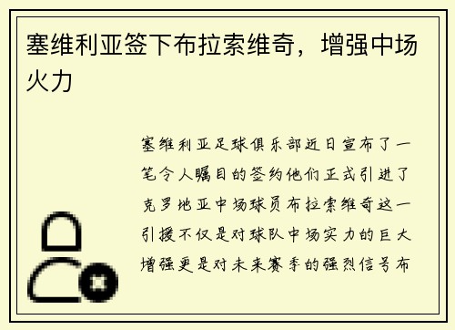 塞维利亚签下布拉索维奇，增强中场火力