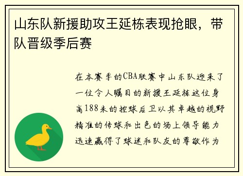 山东队新援助攻王延栋表现抢眼，带队晋级季后赛